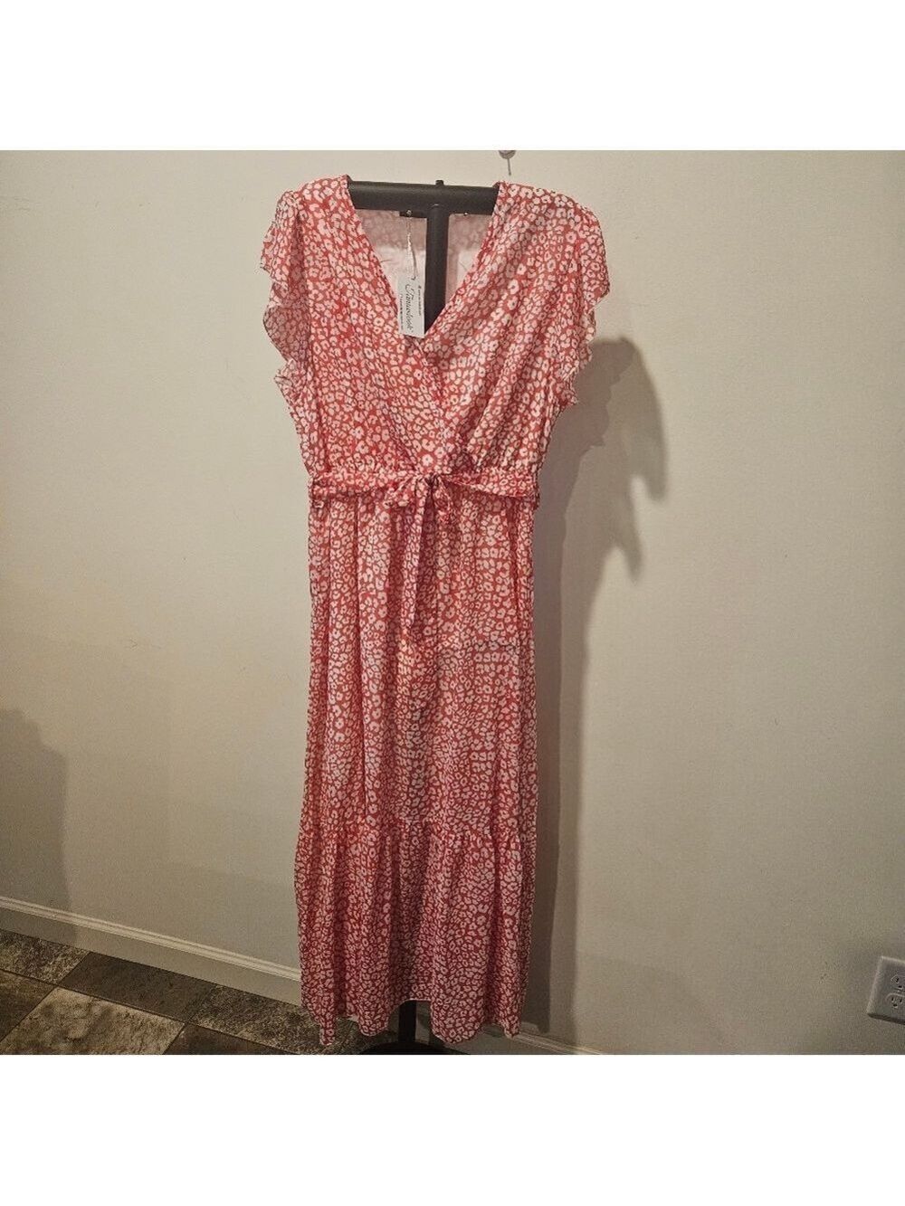 Fantasticlook NWT Women's Ruffle Sleeve Belted Boho Midi Dress, L, Red & White - Picture 4 of 9